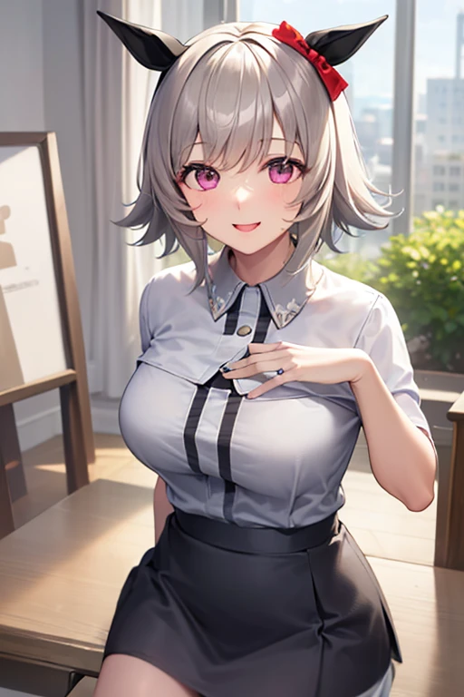 masterpiece, best quality, highres, ffnoel, short hair, x hair ornament, green eyes, blue bowtie, white shirt, collared shirt, black skirt, plaid skirt, pleated skirt, miniskirt, smile, outdoors, cherry blossoms, standing, cowboy shot, open mouth,nude,nude