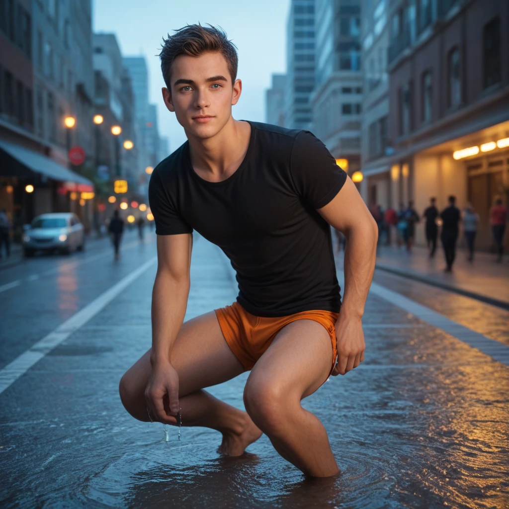 A dynamic night reportage photo: a barefoot, stiff 19-year-old white european guy in dirty briefs, on a warm July night, leaning on the wall of a tenement house ,touches his own bulge
