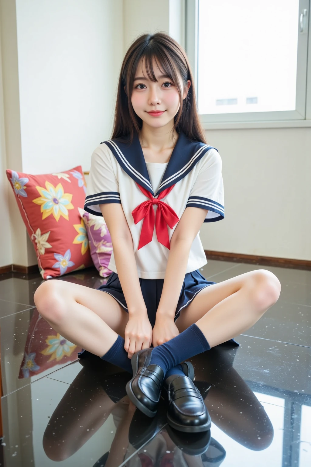 arafed asian woman in a sailor suit sitting on a chair, wearing japanese school uniform, japanese school uniform, japanese girl school uniform, Cute Schoolgirl, Seifuku, White Sailor Uniform, s summer clothes、Navel out、hurrah、Short Sleeve Loose Coat Color Sailor Uniform, a hyperrealistic schoolgirl, of a schoolgirl posing, camel's toe、wearing headmistress uniform, Young Sensual Gravure Idol, Wearing school uniform、poneyTail、bare leg、19-year-old