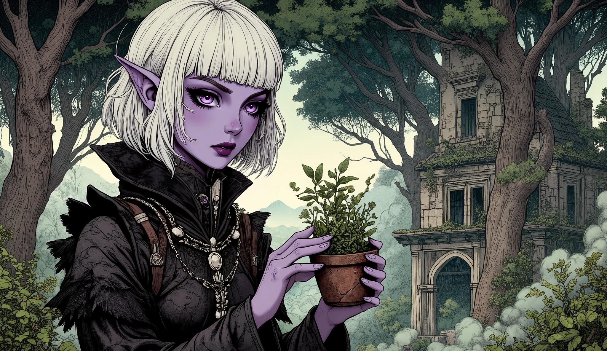 (A fusion of Ukiyo-e and dark fantasy. Aesthetic and gothic digital art. Draw a detailed face. Look away.) BREAK (White hair. Blunt bangs. White eyebrows. Long white eyelashes. Almond-shaped eyes. Lavender eyes. Dark, thick eyeliner. Small pink lips. Slightly pointy ears. Dark purple skin. Thin limbs. Thin fingers. White fingernails. One thumb and four fingers accurately drawn. very expressive.) BREAK (Envision a striking dark fantasy scene: A dark elf druidess stands amidst the skeletal remains of an ancient city, now an extension of the impossibly tall, dense forest that envelops it. The setting is a gothic 15th-century Swiss summer, where the sun struggles to pierce the canopy. She is clad in a rugged, plant-fiber gown, accented with primitive yet elegant gothic-inspired bone and leather embellishments. Inside her dilapidated tavern, which serves as her sanctuary, she is tending to a small, flourishing herb garden in a cracked pot. Her gaze is soft and contemplative as she waters the plants, reflecting her deep reverence for life and the cyclical nature of growth even in decay. The overgrown ruins and the oppressive, yet beautiful, forest create a powerful, dramatic backdrop.)