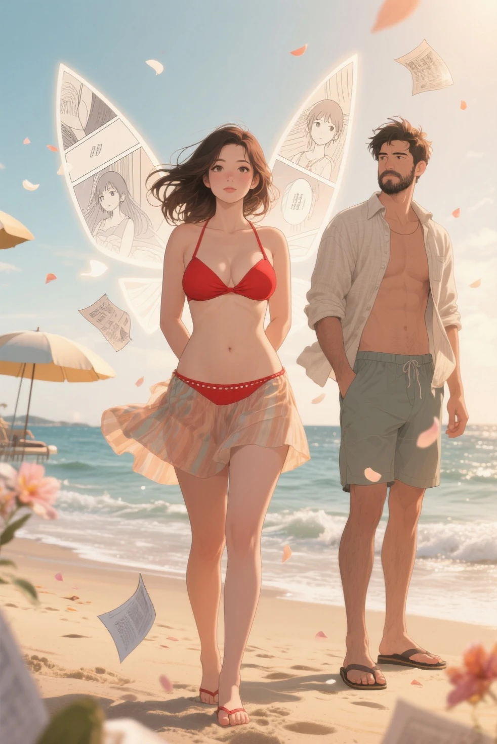 (a smoking hot woman,25,party outfit),(short obnoxious guy,danny devito look-alike),(tiki bar),(best quality,4k,8k,highres,masterpiece:1.2),ultra-detailed,festive atmosphere,vibrant colors,cheerful mood,intimate setting,exotic cocktails,fancy decorations,lively music,tropical vibes,stunning sunset,lit tiki torches,steamy ambiance,dance floor,socializing,good times,joyful laughter,fun-filled evening,energetic crowd,(portrait,photography:1.2),(bokeh,soft focus,dramatic lighting),(colorful,contrasting lightischievous,flirtatious glances),(dynamic poses,body language),(playful interaction)