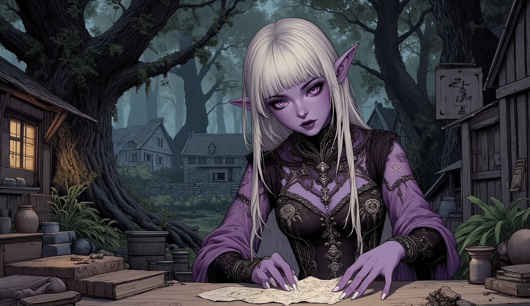 (A fusion of Ukiyo-e and dark fantasy. Aesthetic and gothic digital art. Draw a detailed face. Look away.) BREAK (White hair. Blunt bangs. White eyebrows. Long white eyelashes. Almond-shaped eyes. Lavender eyes. Dark, thick eyeliner. Small pink lips. Slightly pointy ears. Dark purple skin. Thin limbs. Thin fingers. White fingernails. One thumb and four fingers accurately drawn. very expressive.) BREAK (Dramatic dark fantasy illustration: A dark elf druidess within the heart of an ancient city, long reclaimed by a colossal, light-devouring forest. The atmosphere is that of a 15th-century Swiss summer in the alps, steeped in gothic gloom. Her attire, a rustic dress woven from thick forest fibers, subtly incorporates intricate gothic embroidery and naturally sourced adornments. She is depicted inside her dilapidated pub dwelling, seated at a weathered wooden table, meticulously mending a piece of her garment. Her eyes are lowered, observing the needlework with serene focus, illuminated by a faint, filtered light filtering through the dense canopy. The overwhelming presence of the ancient, towering trees and the sense of deep solitude are paramount.)