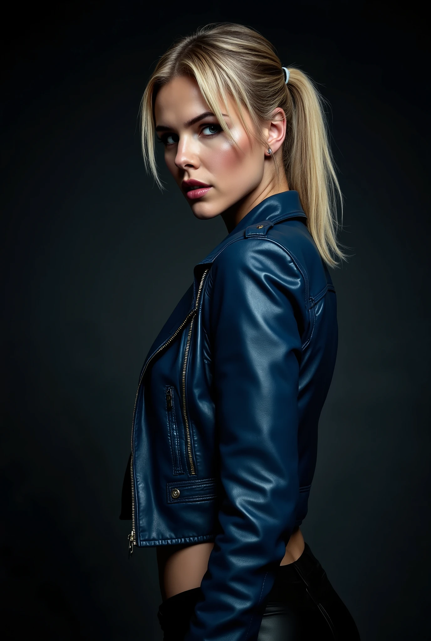 blonde woman in a blue jacket and black pants posing for a picture, in a dark space mercenary outfit, promotional still, hailee steinfeld, oona chaplin, promo still, female lead character, an edgy assassin, tessa thompson, sil from species, promotional images, promotional image, promotional picture, blue leather armor, huntress, profile shot