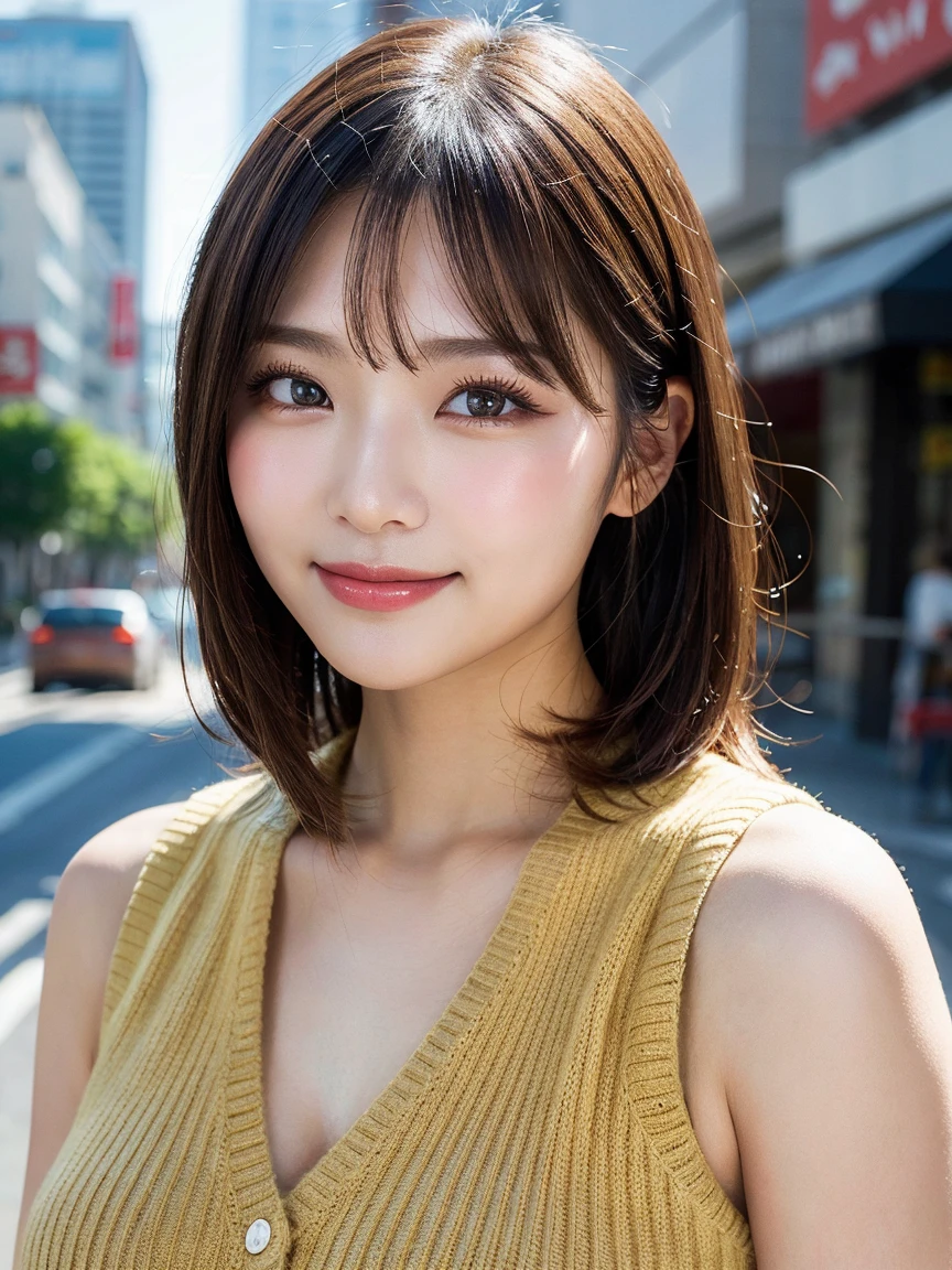 Upper Body、Beauty、Well-formed face、20-year-old、Uniform eyes、Small face、, light brown hair, hair over shoulder, parted bangs, straight hair, expressive hair, shiny hair, earrings, seductive smile, Surrealism, cinematic lighting, first-person view, pov, f/1.2, Nikon, UHD, textured skin, best quality, highres, 8k