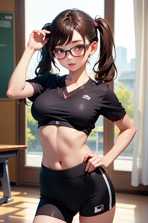 Sports competitionsの日、Sports competitions、gallery、Students cheering、女子100 m競走、((highest quality:1.4、8k、32k、Hmph:1.3))、(An unparalleled masterpiece)、((RAW Photos、realism:1.6))、Japanese Girls、Outdoor,playground,Schoolyard,Schoolyard,(physical education:1.3),(Per class:1.3)Girl smiling at the camera、Dynamic pose、(Sports competitionsの日、100 m走、running)、Dynamic Angle、School gym clothes、Bloomers、(Huge breasts:0.5、thin abdomen、The lower body is thin)、Ulzzang-6500-v1.1、Teenage Girls、Highly detailed face、Fine grain、Round face、Baby Face、Detailed Iris、double eyelid、(((Glasses、Long black hair、High up ponytail)))、Photon Mapping、Detailed skin texture、100 m,From head to toe:1.5,