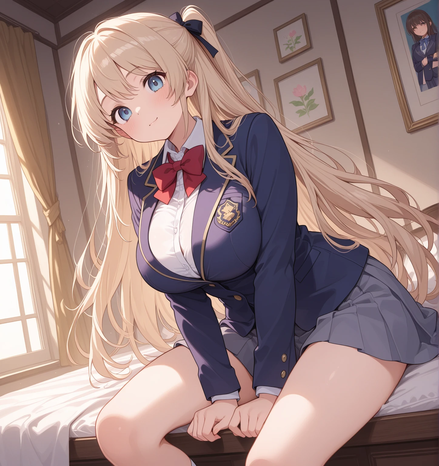 (masterpiece:1.2, highest quality), (Realistic, photoRealistic:1.4), Beautiful illustrations, 
Watching the audience, Full Body, Front view:0.6, 
1 girl, Japanese, high No background、girl, (Long Hair:1.5), Blown Hair, (Half Up, Half Updo), bangs, Hair between the eyes, Large Breasts:0.8, 
Beautiful Hair, Beautiful Face, Blonde、Detailed and beautiful eyes, Beautiful clavicle, Beautiful body, Beautiful breasts, Beautiful thighs, Beautiful feet, Beautiful fingers, 
(Beautiful views), , No background
((Collared short-sleeved shirt, White shirt, , Grey plaid pleated skirt, Blue checked bow tie)), 
(Are standing, , Cover your crotch with your hands、Place your hand on your chest, Hands between legs), 
blush, ,Thighs、Plain background、smile