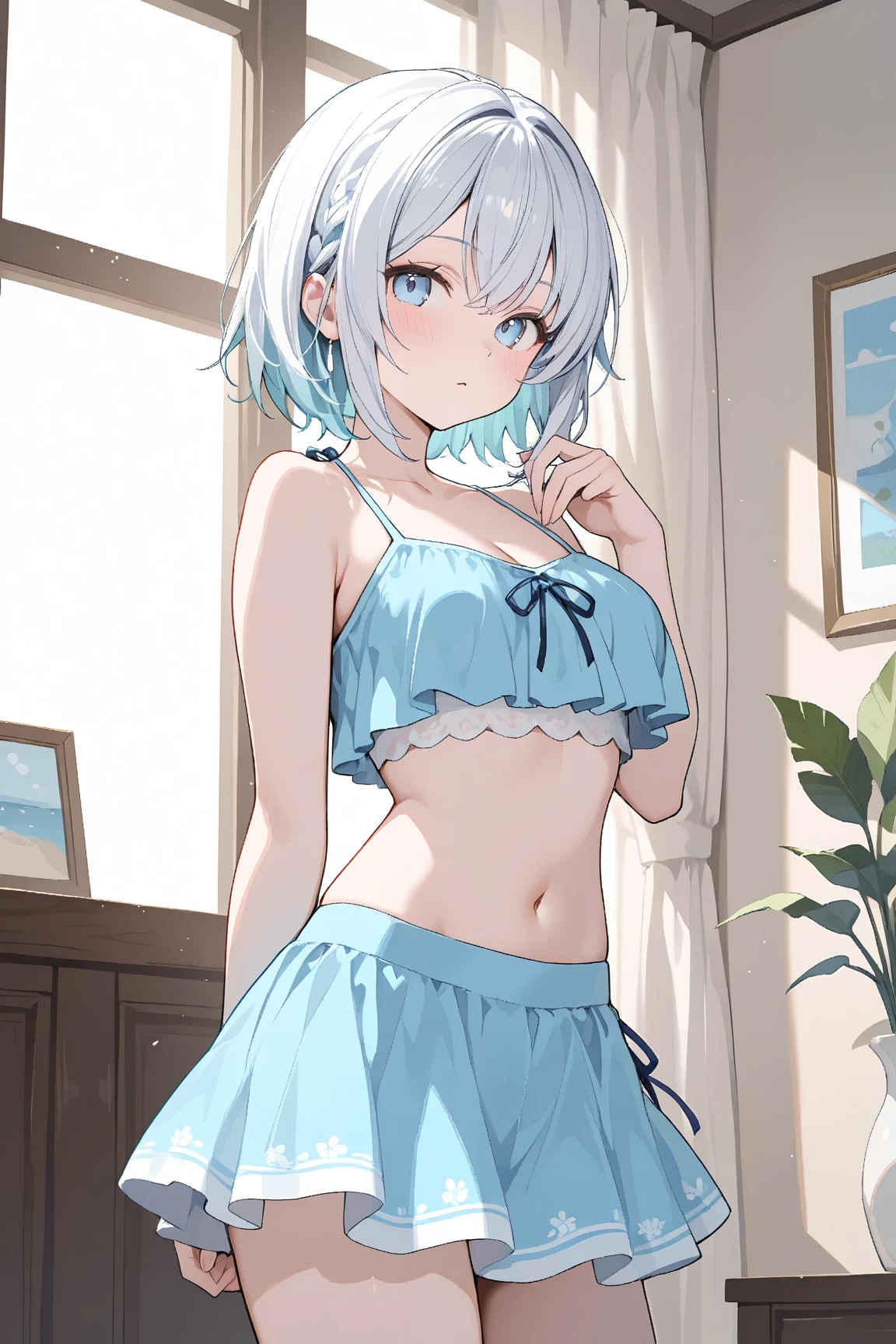 beautiful, masterpiece, Highest quality, anime, One girl, C Cup,Portrait Shot, View your viewers, Covered、Short Hair、nearby、Blue Eyes、art、、White hair,Blue streaked hair、wallpaper、hairpin、Cute smile、Thighs、、Cute、Frilled bikini、navel、シースルー
