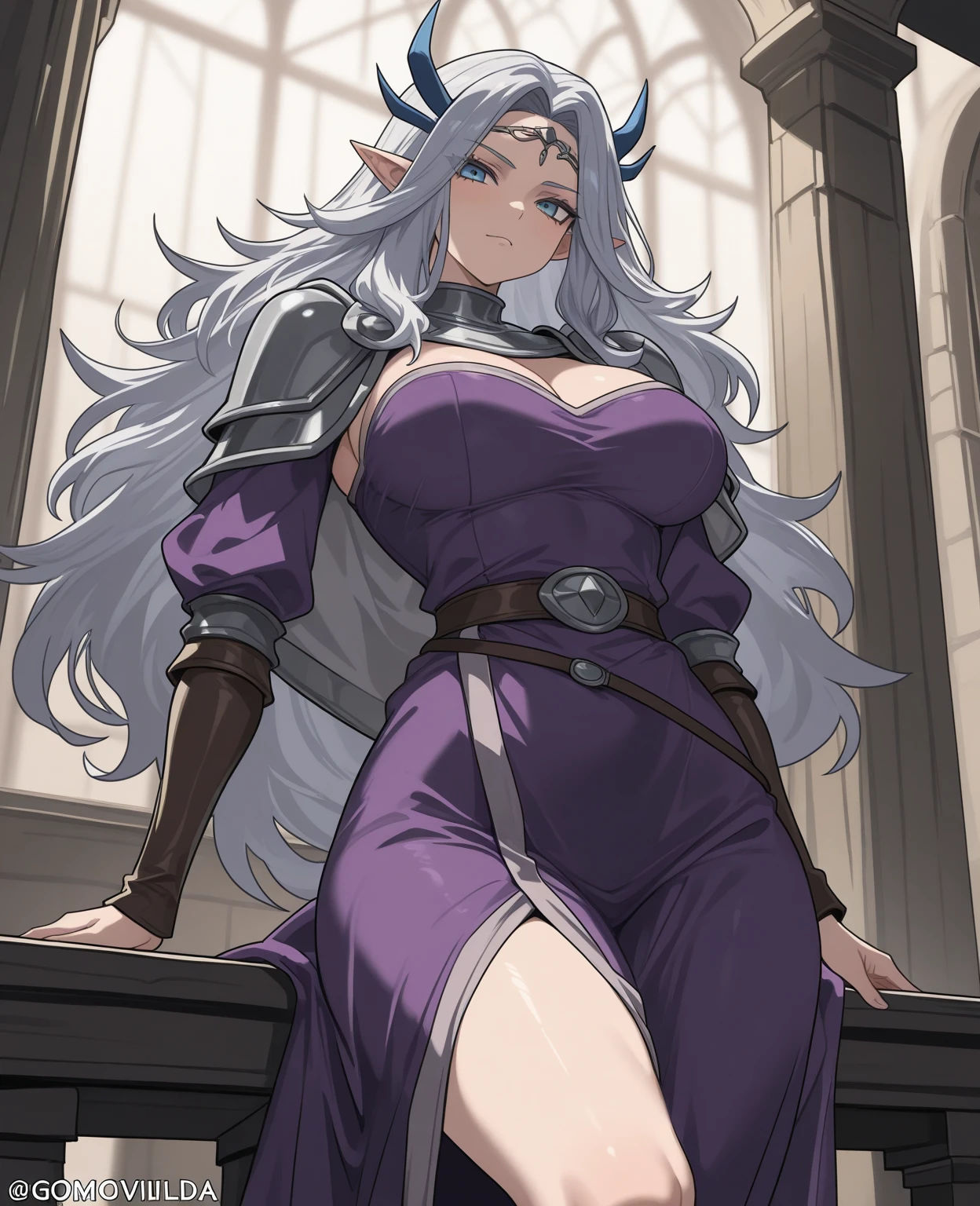 olga discordia, long white hair, long elf ears, dark elf, colored skin, blue skin, hair stick, bangs, violet eyes, solo, smiling, standing, upper body, hips, bare shoulders,purple thighhighs,violet dress, gold jewelry,armor,gloves,circlet, cleavage, red and gold royal castle, gigantic breasts, (best quality, masterpiece, beautiful and aesthetic:1.2, highest detailed face, perfect face,) eyes, perfect face,expressive eyes,
looking at viewer, in the center of the image,(Upper_body),(Focus on her face),
official art,extremely detailed CG unity 8k wallpaper, perfect lighting,Colorful,
(masterpiece:1.0),(best_quality:1.0), ultra high res,4K,ultra-detailed