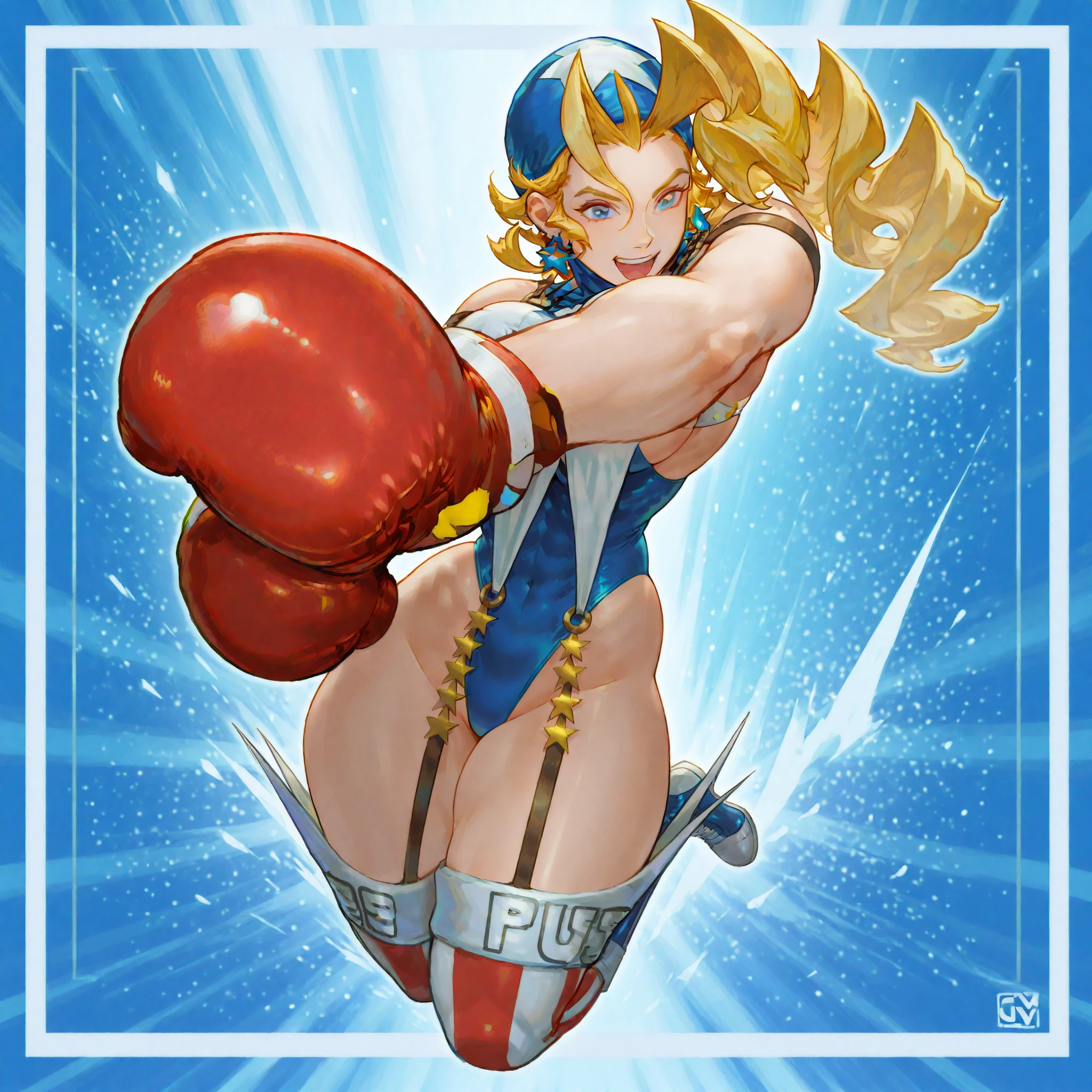 1boy, 1girl, Two uperheroes Boxing in a ring in space ; in the left corner, the Crimson Cyclone, a muscular man Dressed in red with burning hands. In the Right corner, Aquaveil, a Blonde young woman in blue with a cape, manipulating water, ((boxing ring))