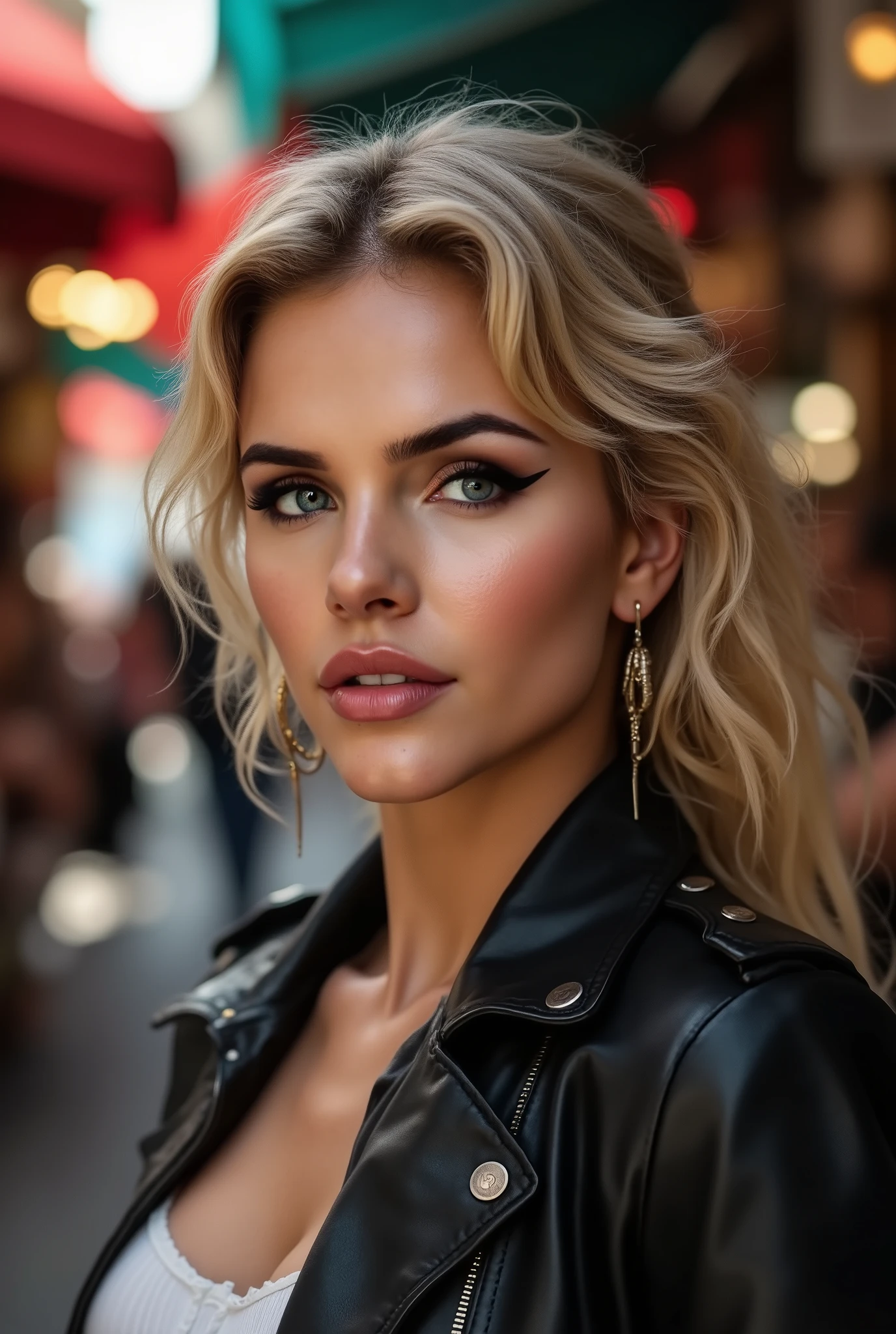 Super Detailed midbody image of Pavie Valsa, blonde wavy hair, fierce look, leather jacket, standing in a turkish marketplace, perfect make-up, looking away from camera, cannon 6d, octane render, striking, smiling, happy, expressive look, alluring look, determined look, strong eyeliner, mesmerizing eyes, elegant, graceful, natural beauty, magnetic, charismatic, versatile, photogenic, backlit
