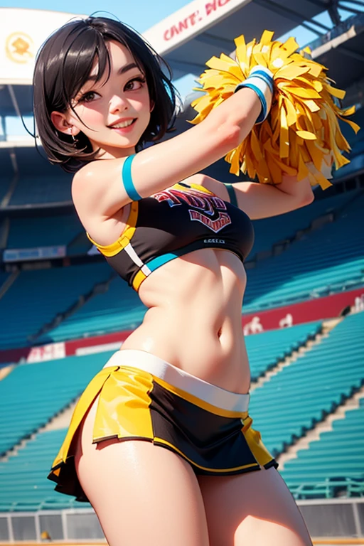 Very cute and beautiful sexy cheerleader girl,(Very detailed美しい顔),(With pom-pom:1.12),(Ahegao), (Stadium Stand),Cowboy Shot,Dynamic pose,Lift one leg high above your head、With the audience watching、Ultra-thin string panties overflowing with love juice,(Orange sleeveless shirt),Beautiful feet,Looking at the audience,Black Hair,Huge breasts、 (Highest quality,masterpiece:1.2),Confused,High resolution,Very detailedな,Very detailed,32K,8k resolution, Intricate details,Movie Scenes,Detailed Background,alone,Dynamic Angle, Hair blowing in the wind,Beautifully detailed skies,