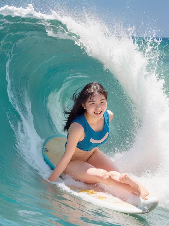 happy and smiling 18 year old girl in a white bikini surfing on a fluorescent pink surfboard on the ocean wave, She extends her hand and shows her index finger calling the camera, obra premiada
