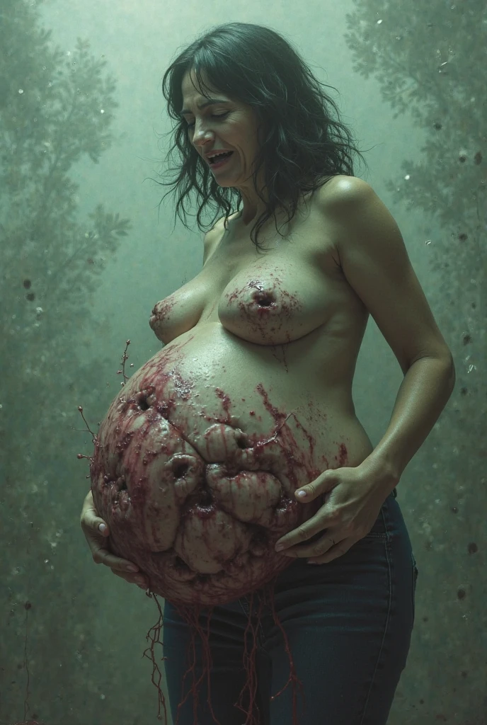 skinny pregnant woman, uncomfortable with her belly too heavy for her weak, frail body, stretch marks