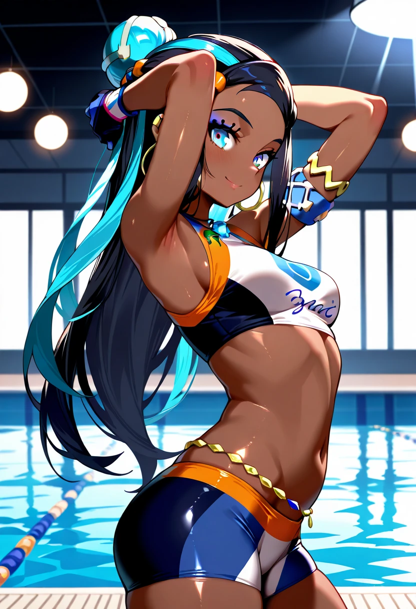 masterpiece,best quality,1girl,nessa,blue eyes,dark skin,dark-skinned female,single hair bun,swimsuit,bikini,jewelry,necklace,earrings,belly chain,armlet,midriff,wide hips,expressionless,standing,standing split,leg lift,leg up,indoors,<lora:pokemon_nessa:1>,<lora:lora_split_32_v1:0.4>,<lora:Concept-control tool-add_detail-CyberAIchemist:1>,
