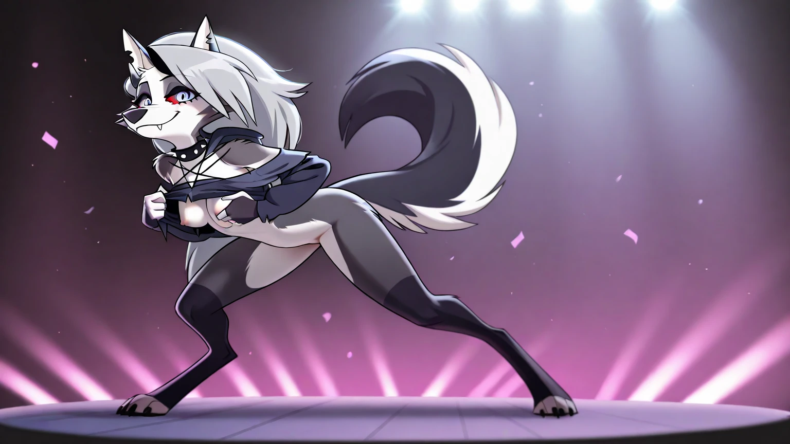 Estilo anime, Feline alien woman with feline-like skin, With cat ears on your head, Dancer dancing on stage, micro Bikiñi, clube noturno, People around giving money to dance
