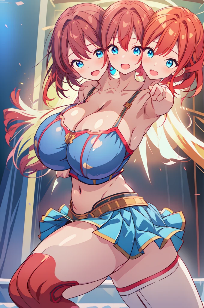 2 women, photoshoot poses, Erza Scarlet and Lucy Heartfilia posing together, ((Erza Scarlet) red hair, long hair, ponytail, white ribbon, hair over one eye, brown pupils, large breasts, collarbone, in elbow gloves, carnival outfit, bzccostume, headdress, feathers, pasties, nipple slip, no shirt, thigh highs, black panties, garter belt, showing sternum, showing stomach, belly button piercing, choker), ((Lucy Heartfilia) blonde, long hair, blue bow in hair, brown pupils, white and blue carnival costume, bzccostume, headdress, white stockings, white garter belt, white bra), blush, giant , (both women, posing together, hands behind head, dynamic pose, night club background, spotlights on ceiling, dance floor in background, crowds watching from background people in background, everyone is looking at Erza Scarlet and Lucy Heartfilia), blush, embarrassed face, (ahegao:1.2), normal eyes, looking at viewer,