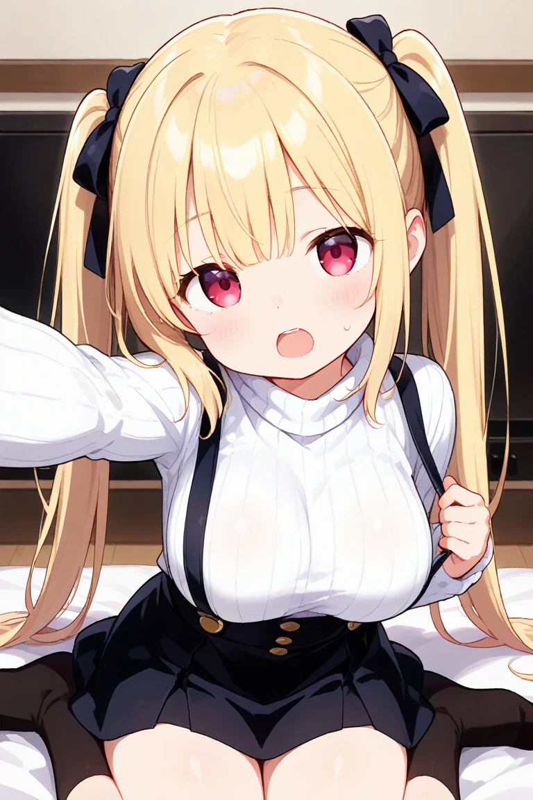 (masterpiece:1.2), super detailed, jaw-dropping beauty, large breasts, large , biggest breast, huge breast,Thin waist and thick hips, hourglass figure, juicy lips, big lips, massive lashes, long blonde hair, pony tail, hair down, pink bow, pink and white clothes, (from above, facing forward:1.5), selfie, upward glance, glance up, hands up