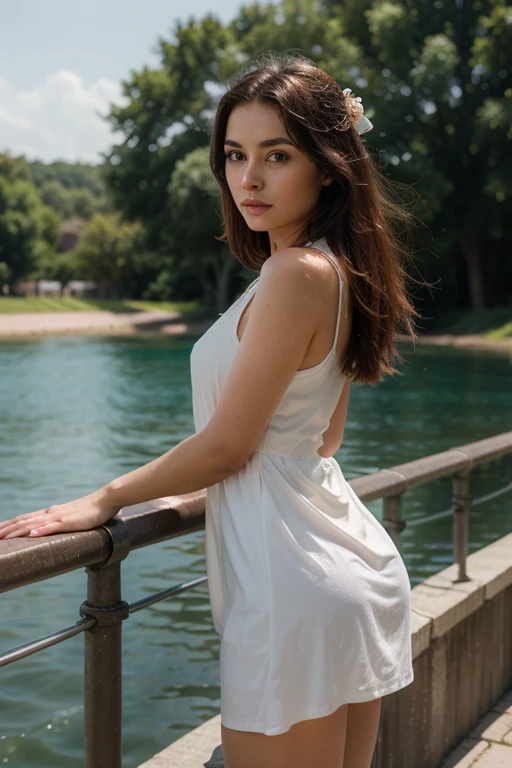 photograph of a brunette girl , brown eyes, , 20 years old, beautiful, cleavage, wonderful,in Odessa Ukraine at night, looking over her shoulder, (form behind:1.2) , Ukraine dress , detailed background, at night, White color dress revealing, pond, Instagram pattern pose, confident, slim girl, Back shot, very high resolution, gorgeous body, Beautiful, photo taken with dslr nikon 700d, professional photoshoot , high quality,