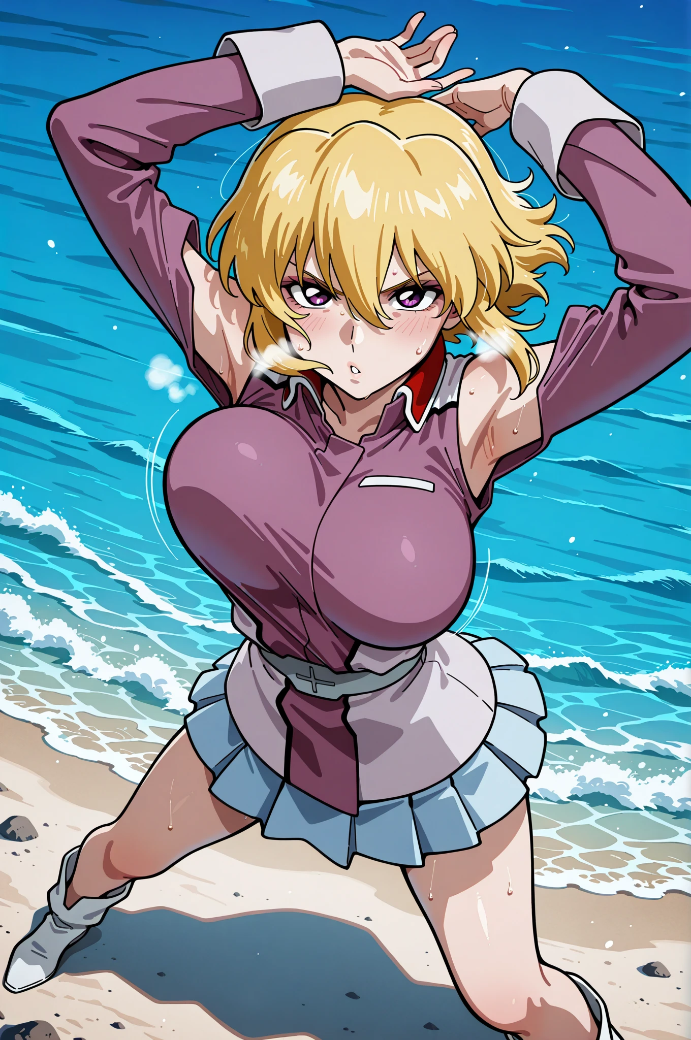 (((masterpiece、Highest image quality、highest quality、highly detailed unity 8kwallpaper)))、((Illustration of one girl))、(((beautiful girl)))、((blonde、pixie cut:1.2、two side up、sidelocks、green eyes))、(((tall、stocky build, thickset physique:1.3, muscular legs, broad shoulders, solid chest)))、swimsuit、sandy beach