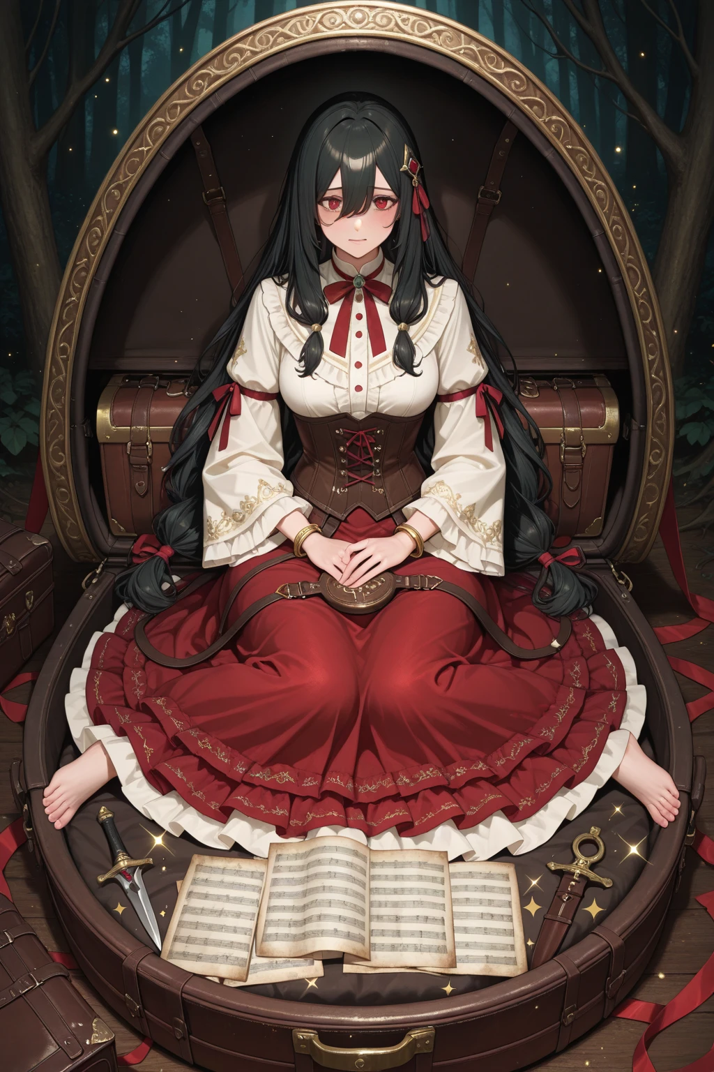 Highest quality, masterpiece, Ultra-high resolution, One Girl,Large round glasses,Loose-fitting clothing,gigantic breast,Large antique trunk,Long black hair