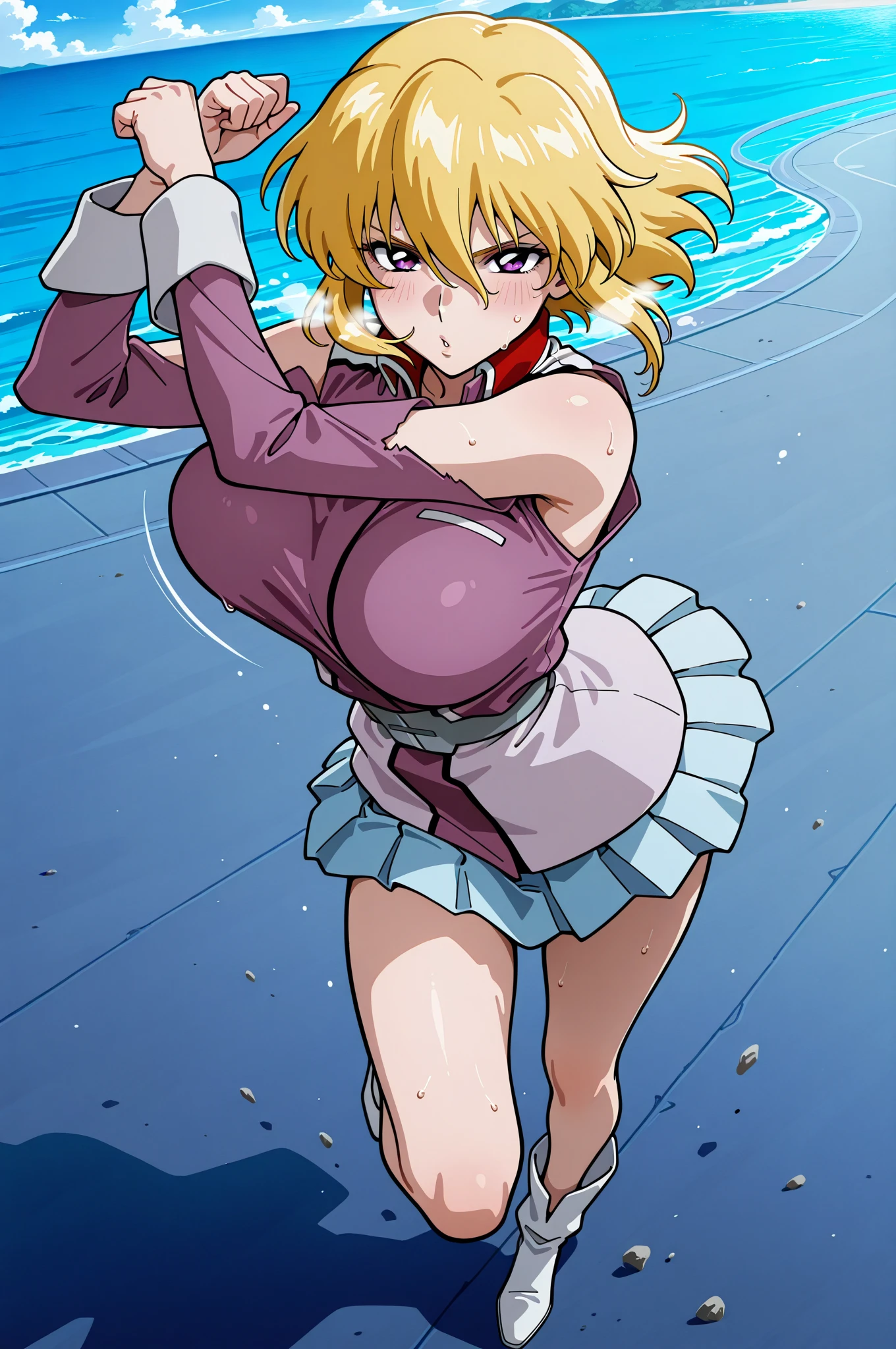 blonde hair, short hair, hairband, Purple eyes, 16years old, , empty eyes , large breasts, nipple, live stage, , Heavy snowfall area frozen , Sweating profusely, Love juice, Wet Woman, female , crying mountain ,solo, naked, Peeing, lactation, projectile lactation