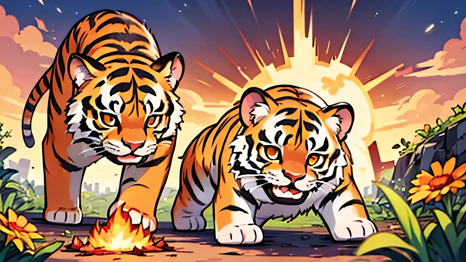 The sun explodes. Tigers watch the burning sun from the ground