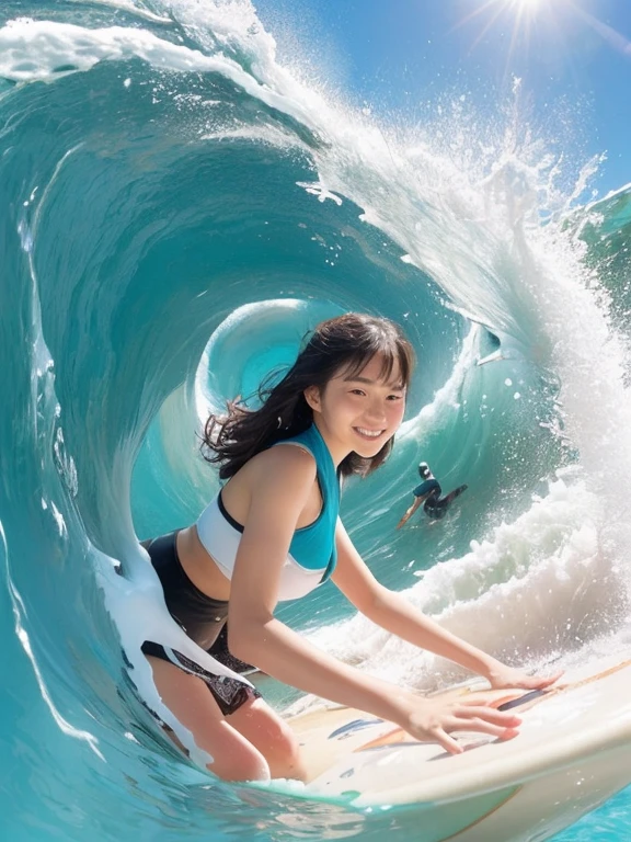 (RAW image quality:1.4), extreme sports photography, surfing, riding along huge Wave, Thrilling tension, selfie medium shot, Half body, young girl, Japanese, 15 years old, micro bikini, Oceanの背景, Wave, Ocean, shape, high texture, realistic effect