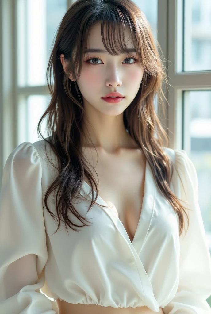 Top quality, one beautiful woman, wearing  Business Professional Attire, 35mm lens, f/1, cowboy shot, (white background: 1.3), large chest, on bed
