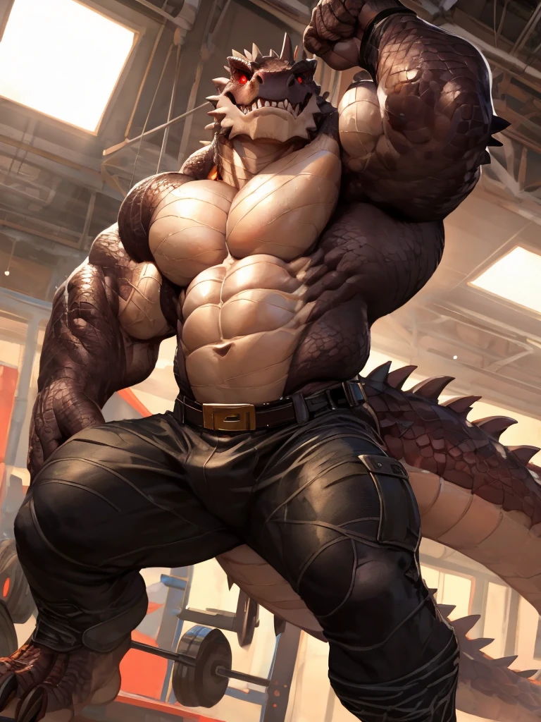solo, anthro, furry male, T-Rex, ((Detailed muscles)), (T-Rex print), black scales, white belly, spiny scales, standing up, men's bodybuilding pose, front double biceps pose, bodyguard outfit, black claws, red eyes, slit eyes, slim fit, muscular slim, cracking knuckles, bedroom, menacing, handsome, flirting, detailed eyes, pecs, tail, hind leg, (Masterpiece, by null-ghost, hi-res, 8k), tight black shirt, black camo pants, oil stain, black military outfit, front point of view,