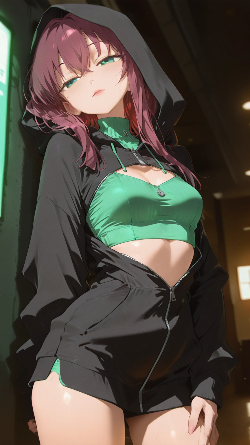((NSFW)), bedroom backgroud, posing woman, leaning on bed, naked, underboob, beautiful, big boobs, under boob, naked, red hair, hot young woman, green eyes, sweater, long sleeves, black panties, seductive smile, hoodie, green hoodie, black pants, anime girl, hot anime girl,