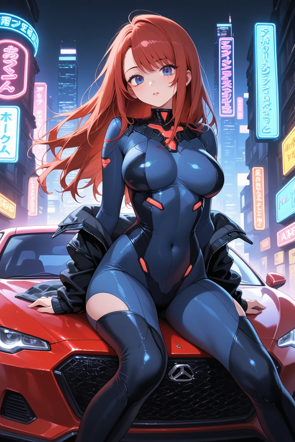1girl,a beautiful fashion model ,(masterpiece, detailed background, best quality),short and shiny hair, red hair, hair with highlights, bangs, smirk,juicy lips,red lips, calmart, lingerie, stripping, elegant makeup, blue eyes, full body shot, (shiny skin), cyberpunk, sci fi, boa, extravagant jewelry, cocky expression, covered in jewelry, fancy, , bra, thong, stripping, cyberpunk club, stripper pole