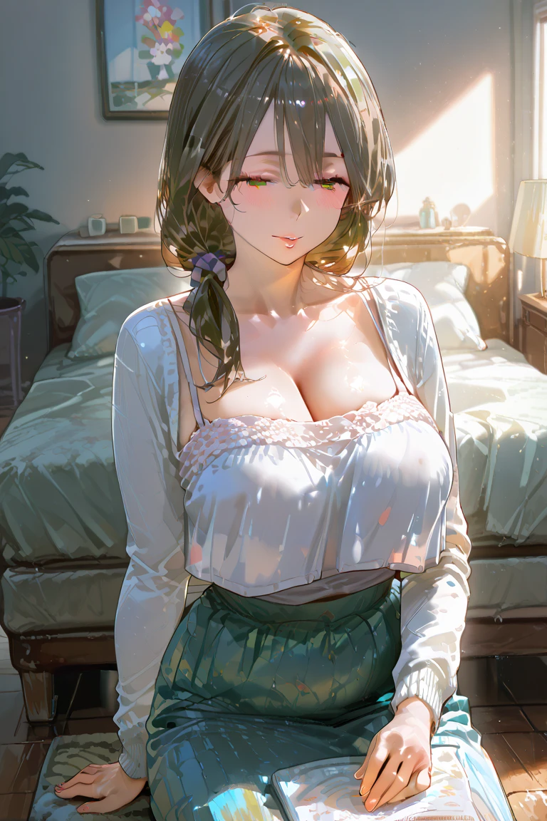 Meisterwerk, best quality, fein detailliert, 1girl, (braun), (Bishoujo), Niedlich, (blaue Augen), (Wimpern), (Huge breasts), (Dekollete), (White shirt:1.2), (Rock:1.2) (offenes Hemd), (Rosa gut:1.2) auf einem Sofa sitzen, Lampe, Fenster, Nacht, Zarte Innenarchitektur,