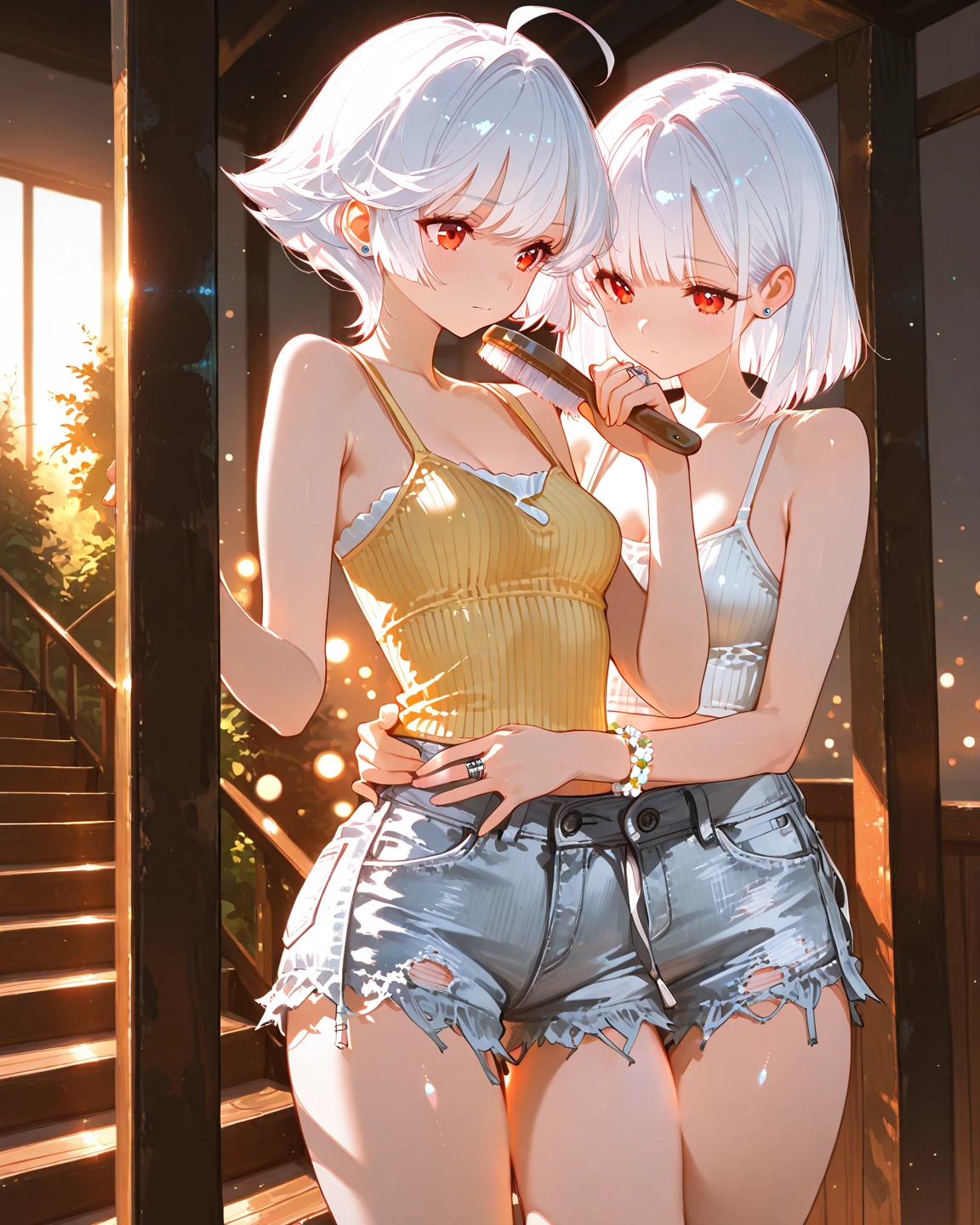 16yo girl, baby face, squatting, (pee, peeing,peeing in cup,cup), large breasts, white dress, impossible clothes, white hair, short hair, flower on hair, embarrassed, nose blush, masterpiece, high quality, best quality, beautiful, hd, perfect lighting, detailed face, detailed body, masterpiece, best quality, intricate details, 8k uhd, perfect face, perfect eyes