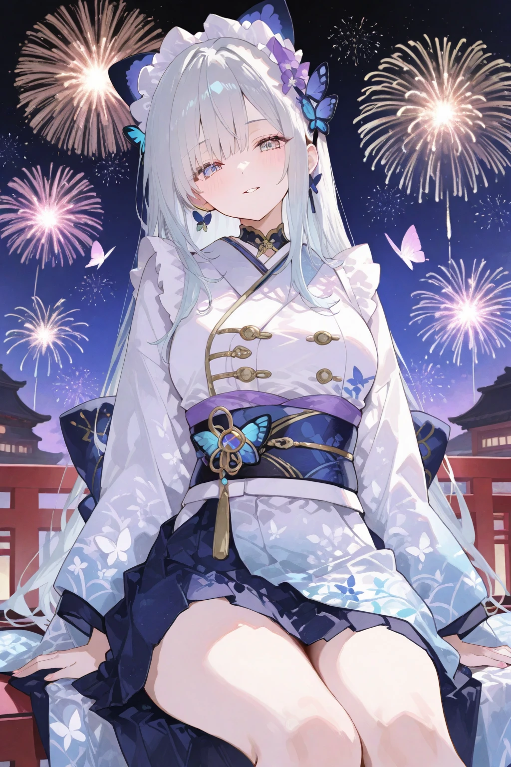Create a high-quality, anime-style illustration of a mature woman in her 40s enjoying a summer festival with a stunning view of fireworks illuminating the night sky. She has long, flowing hair with subtle streaks of silver, adding to her graceful and mature appearance. Her eyes are wise and serene, with a depth that comes from years of experience. She wears a beautiful yukata adorned with elegant and intricate floral patterns, tied with a colorful obi. Her demeanor is poised and elegant, exuding a sense of confidence and serenity. She holds a traditional paper fan and a small bag of festival treats, her smile warm and reassuring. The background features a bustling festival street with colorful lanterns, food stalls, and lively crowds, all set against a backdrop of a picturesque town. Fireworks burst overhead, casting a magical glow over the scene. The color palette should include deep blues, vivid reds, and sparkling golds to capture the lively and celebratory atmosphere of a summer festival. Ensure the overall image exudes a sense of joy, wonder, and the comforting presence of a mature woman, capturing the essence of a memorable summer night. (40 years old:1.4), (1 woman:1.4), (Light purple hair:1.4), (straight long hair:1.7), sophisticated, confident expression, high cheekbones, (medium breasts:1.4), (purple right eye:1.4), Black denim pants, (red left eye:1.4), (Eyeshadow:1.3), (blush:1.2), light smile, full body, BREAK (very wide:1.3), (panorama view:1.3), (sense of depth:1.5), (long shot:1.3), (magnificent view:1.3)