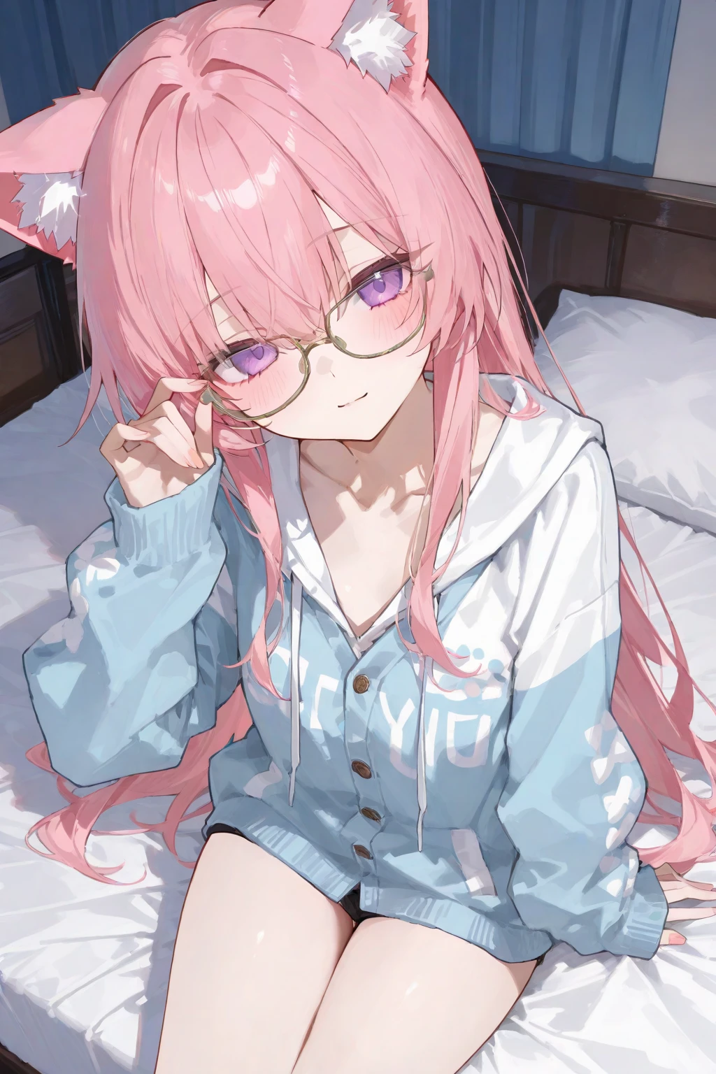 (best quality,ultra-detailed),cute anime girl, in bed, crying, pink fluffy coat, sailor suit, shirt dkirt, pink hair, round glasses, exposed body,cat ears,missionary POV, bondage, ropes,
