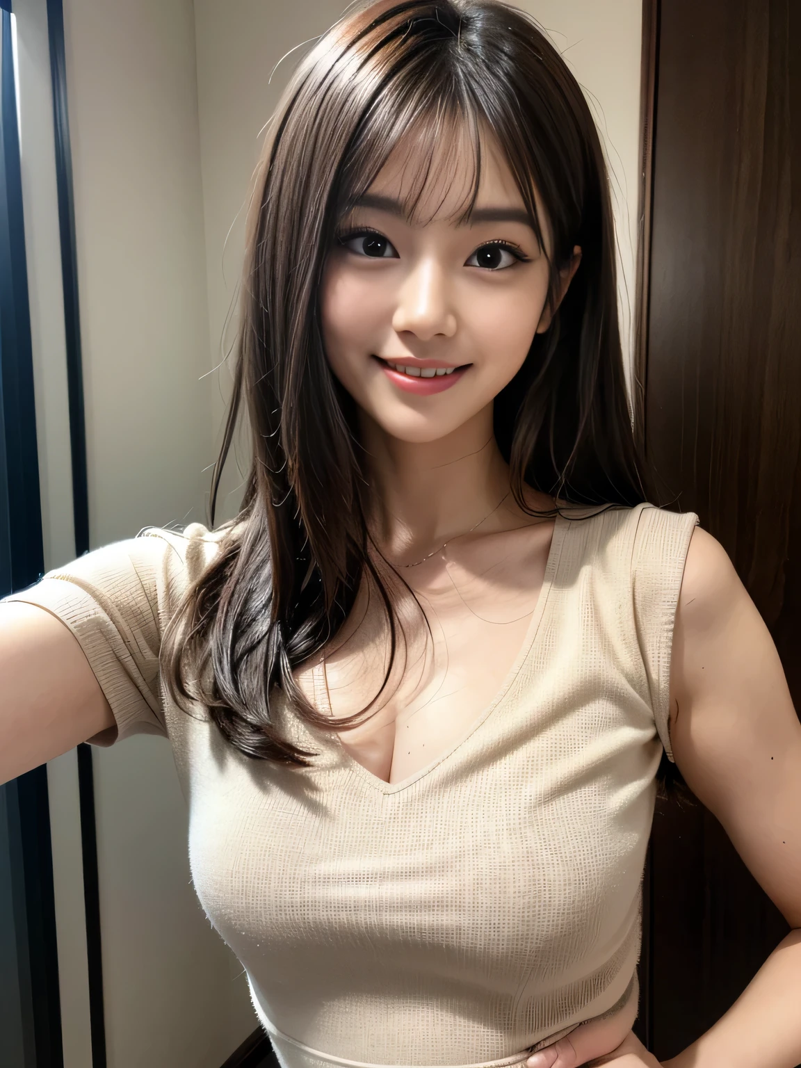 High School Uniform, (Knee-High Socks), (Innocent and Classy Girls: 1.2), (Layered Hairstyle, Brown Hair), Medium Long Hair, (Refreshing Smile: 1.2), ((Upper Body Shot: 1.2)), (Medium Large Breath: 1.2), (Upper Bust), (Fair Skin: 1.2), (Home Door: 1.2), (View Viewer: 1.1), from a distance from the top, Highly detailed face and skin texture, detailed eyes, double eyelids, pale cheeks, shiny skin, no shiny small neck, shiny lips: 1.4, facial lighting, , Korean idol, Nogizaka idol, gravure idol, actress