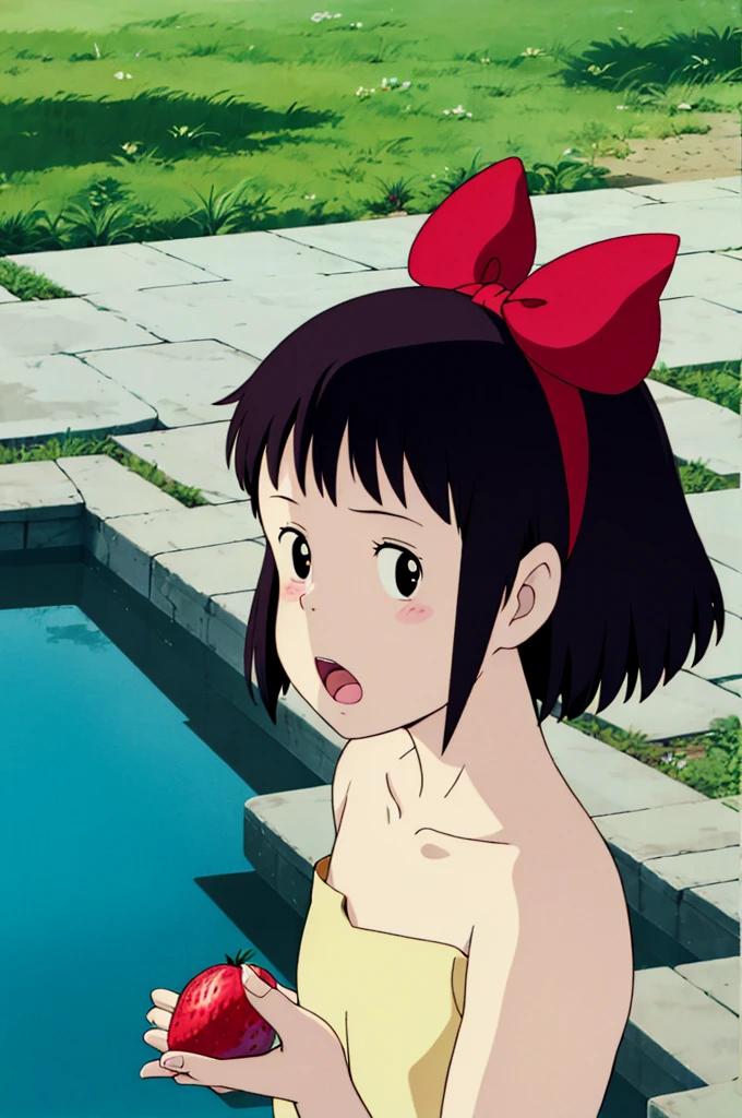 ghibli style,
kiki \(majo no takkyuubin\),
1girl, :o, bangs, black eyes, black hair, black shirt, blush, bow, bow hairband, collarbone, day, fingernails, food, fruit, hair bow, hairband, holding, holding food, holding fruit, looking at viewer, open mouth, outdoors, red bow, red hairband, shirt, short hair, solo, strawberry, sunlight, upper body, water drop
, ((masterpiece)), no clothes, nude, full naked, naked portrait, nude photography, shiny nipple, show armpit, medium breasts