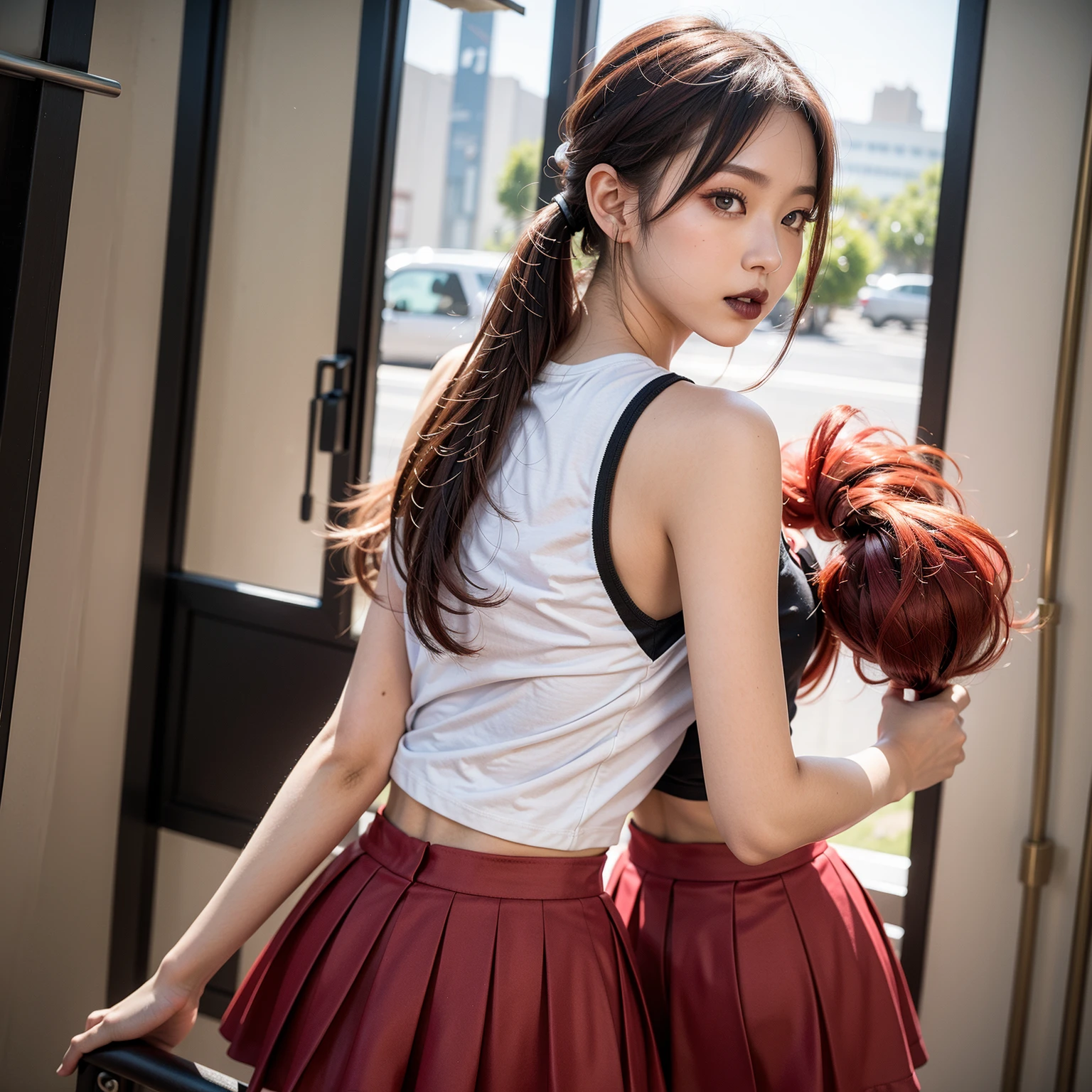 Anime girl in shorts (pleated yoke skirt), red and black clothes, white-red hair color, Twin-Tail, with beautiful inscriptions on the wall (Background). 2D wallpapers: girl in full height from below.