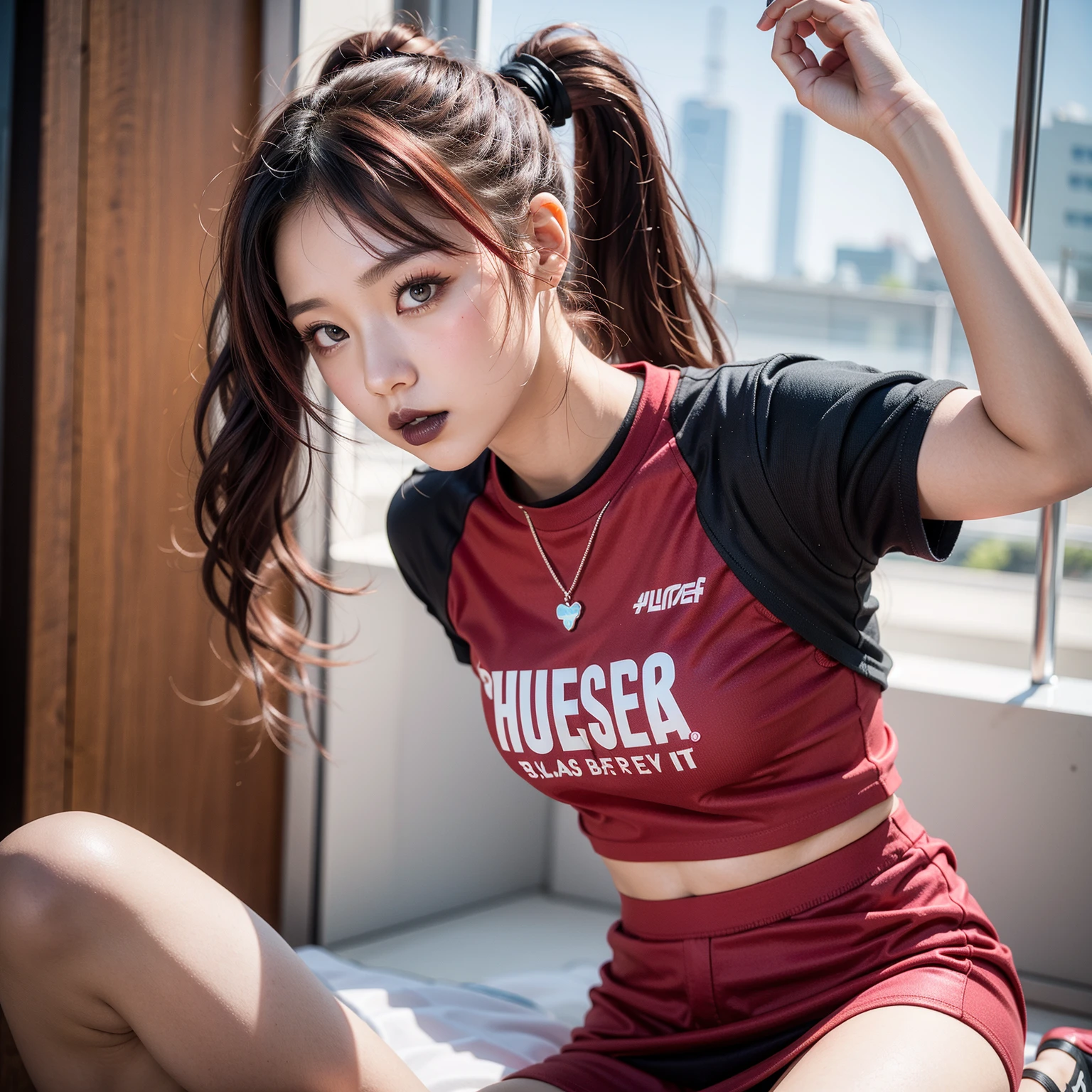 Close-up of woman with ponytail blowing up, black shorts,open legs,Large, prominent chest, Wear a volleyball shirt., IG model | RTM germs, in red and black, irelia, Black and Red only, Red dress, Professional sports style, red and black, red and black suit, Tzuyu from two times, red black, black and red silk clothes, Sporty,