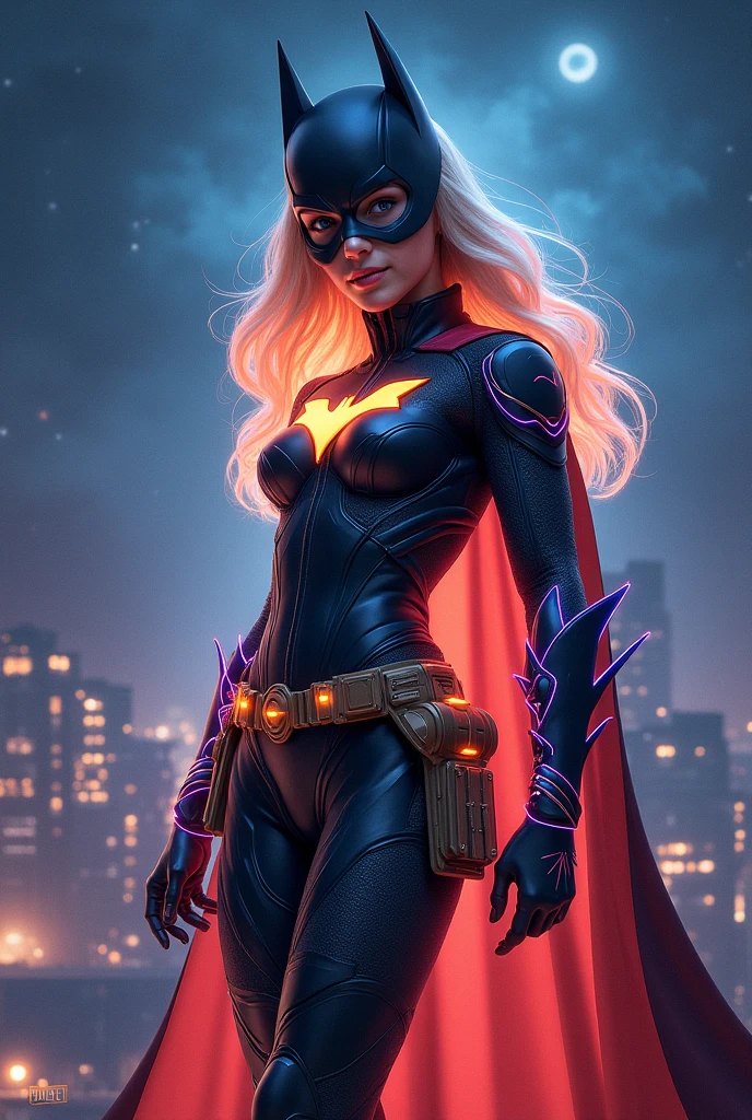masterpiece, superior quality, detailed image, batwoman, with futuristic gothic look, mixing with visual cat woman, without the mask and woman with blonde hair thrown to the wind, in a futuristic city at night full of tall buildings, image render 3d, 16k, high level of detail --auto --s2