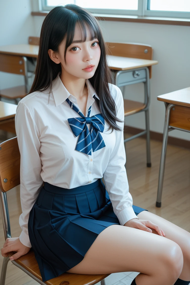 (masterpiece:1.2, highest quality), (Realistic, photoRealistic:1.4), Beautiful illustrations,
View audience, whole body, Front view:0.6,
1 girl, Japanese, high School girl, (Long Hair:1.5), Hair fluttering, (Half Up, Half Updo), bangs, Hair between the eyes, Big Breasts:0.8,
Beautiful Hair, Beautiful Face, Beautiful Eyes, Beautiful clavicle, Beautiful body, Beautiful breasts, Beautiful thighs, Beautiful legs, Beautiful fingers,
(Beautiful views), , School,
((Collared short-sleeved shirt, White shirt, , Grey plaid pleated skirt, Blue checked bow tie)), White panties,
(Are standing, , Please lift your skirt, Grab the hem of the skirt, Place your hand on your chest, Place your hands between your legs),
blush, Couple studying in classroom