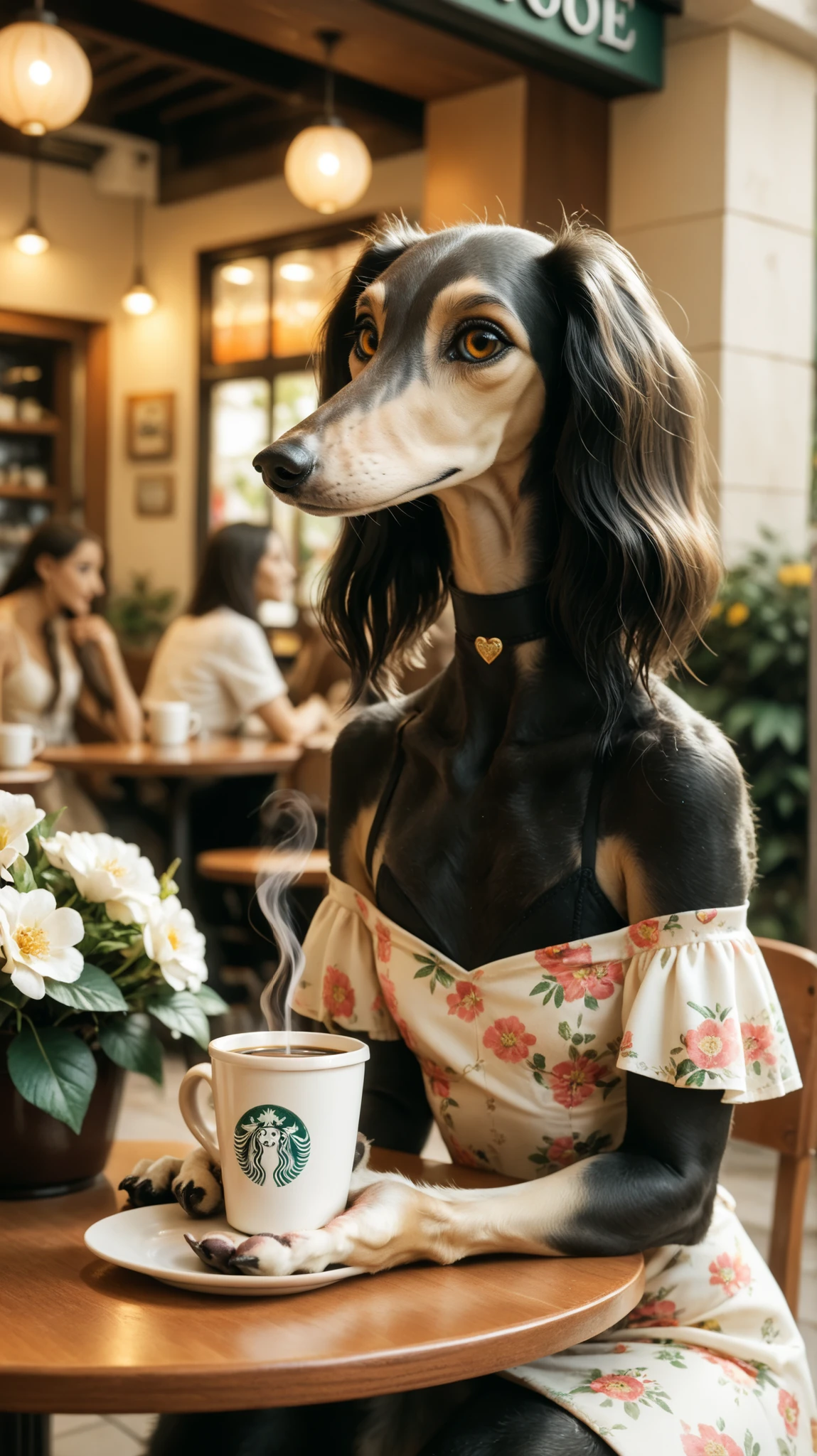 happy girl sitting at a table in a floral summer dress. Set against an coffee shop backdrop that is covered in flowers. saluki, greyhound, borzoi, sighthound, beautiful eyes, golden eyes, paws, (black fur), flat chest