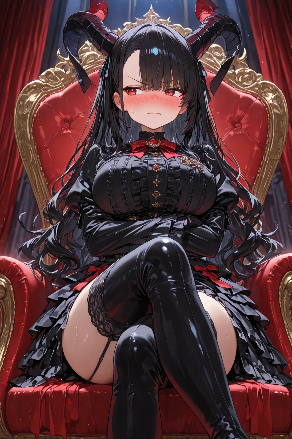 masterpiece, best quality, 1lady,black hair,long hair,glowing eyes, (finely detailed empty pupils and detailed face),,,,extremely detailed picture unity 8k wallpaper,solo,(latex military costume:0.9),large breasts,seductive smile,military hat,latex thighhigh,large breasts,black hair,pink eyes,black leotard,pantyhose,military coat,enamel suits,grossy lips,sitting,bust shot,sadistic smile,,heel