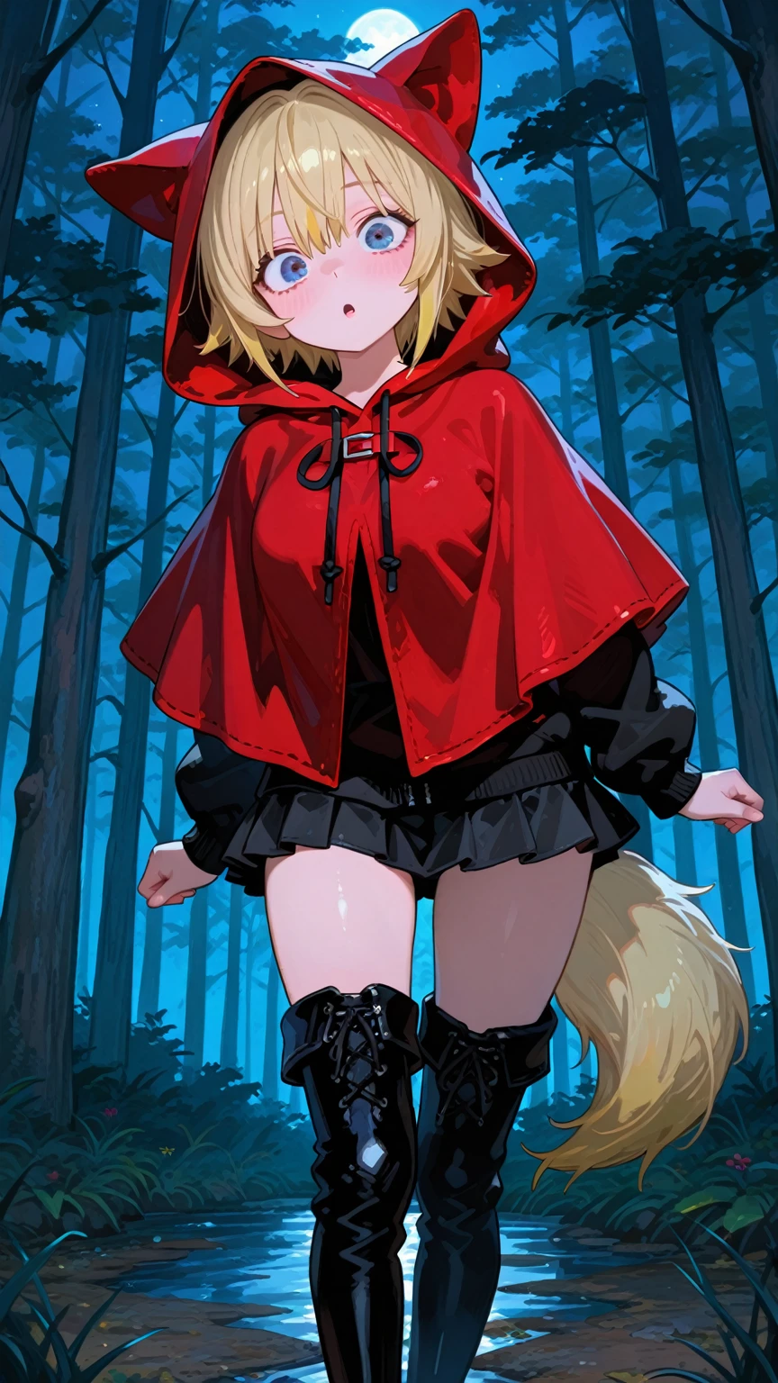 (masterpiece, low quality, ), 1girl, solo, looking at viewer, full body, squatting, expressionless, blush , sweat, aged down, (dirty clothes:1.2), chaos, red small hooded cloak, (red hood:1.2), open clothes, fake animal ears, golden hair, blue eyes, short hair, black thighhighs, black bra, cross, bare hands, <lora:bsouls2:1>