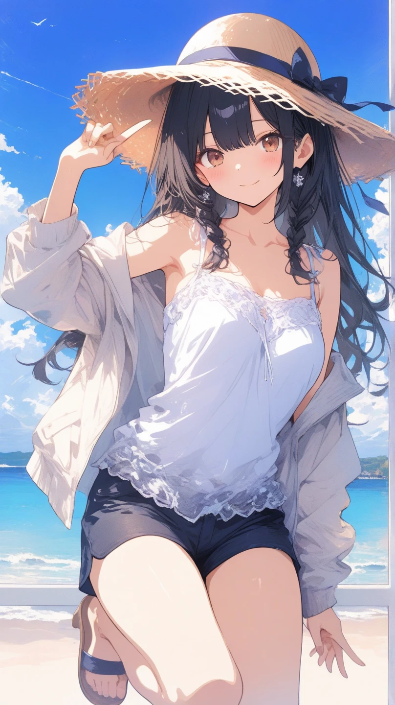 ((((absurdres, RAW photo, extremely delicate and beautiful, masterpiece, Best Quality, ultra high resolution, 32k, hyperrealistic, ultra-detailed)))), in her 20s, very Slim body, narrow waist, very small head, very small face, delicate facial features, beautiful face, beautiful eyes, ((very huge round tits)), medium hair, black hair, wavy hair, tearful mole, earring, ((full body shot)), casual, blouse, white shirt, buttoned shirt, bare shoulders, collarbone, midriff, navel, shorts, straw hat,