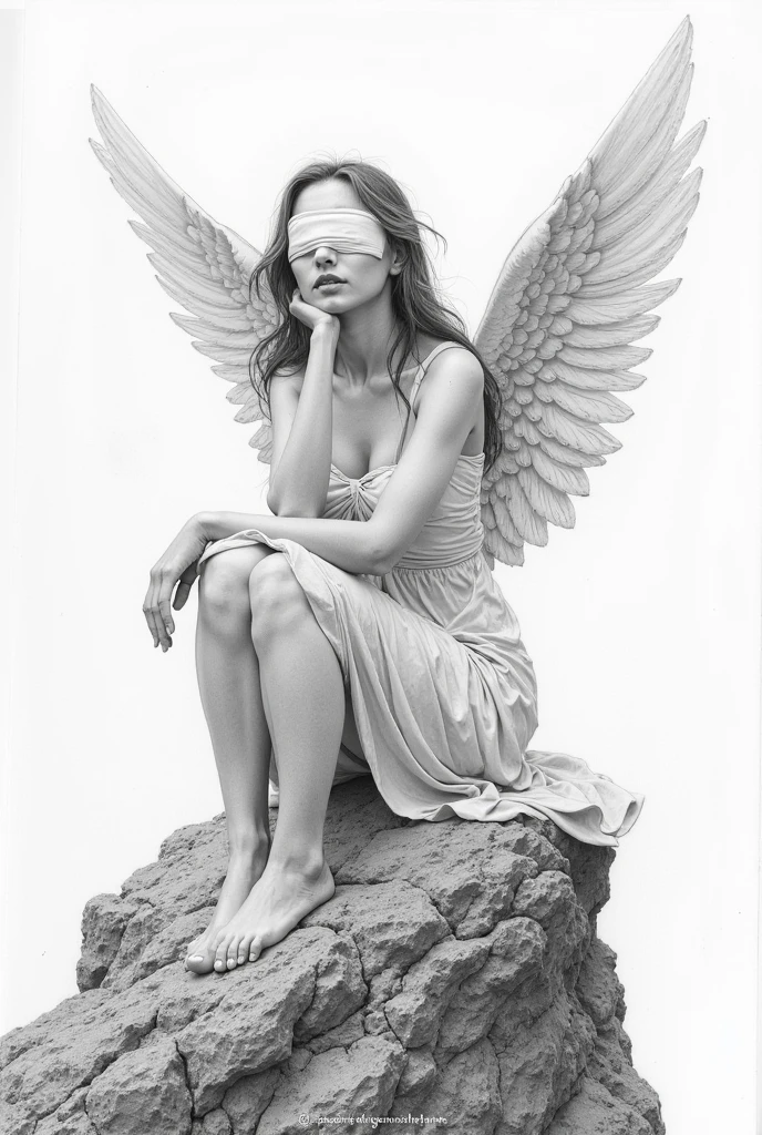 Generate a black and white sketch of a person with a single wing on their back, sitting and reclining on a floating rock in a white sky. The person's pose is relaxed, with their head resting on their knees. The rock appears to be defying gravity, floating in mid-air. The background is a clean and simple white. Use minimalist lines and gentle shading to create a contemplative and mystical atmosphere