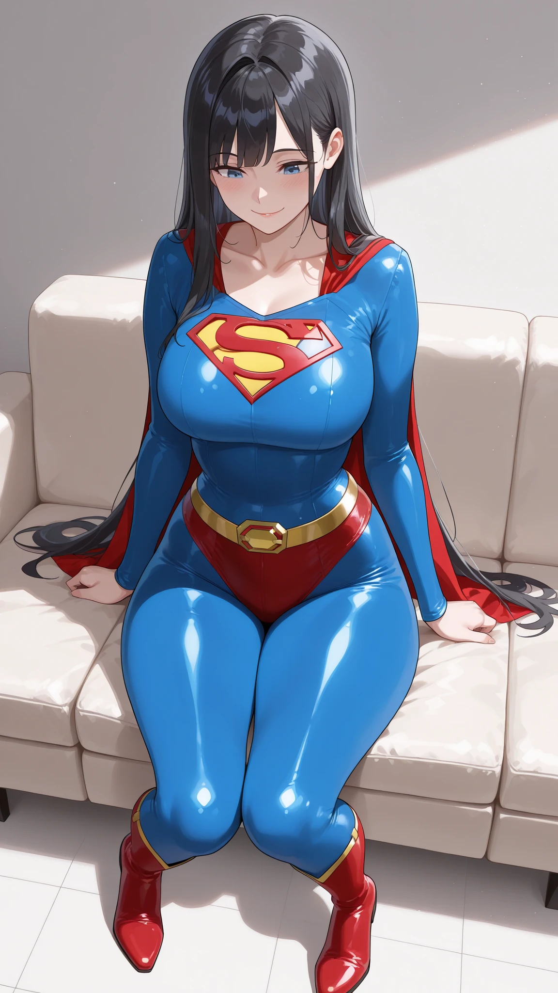 Sexy Girl, kinky, superwoman bodysuit, Cape, high heels, big breasts, skinny, sitting on the back in a field of flowers, milk on her breasts, girl spreads legs, no bra, defined abs, no underwear, pussy close up