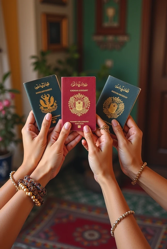 Three hijab girl of 18 year, smiling and holding a cardboard, standing near the Burch khalif, write name Rabab, Zareen and Humaira on their cardboards