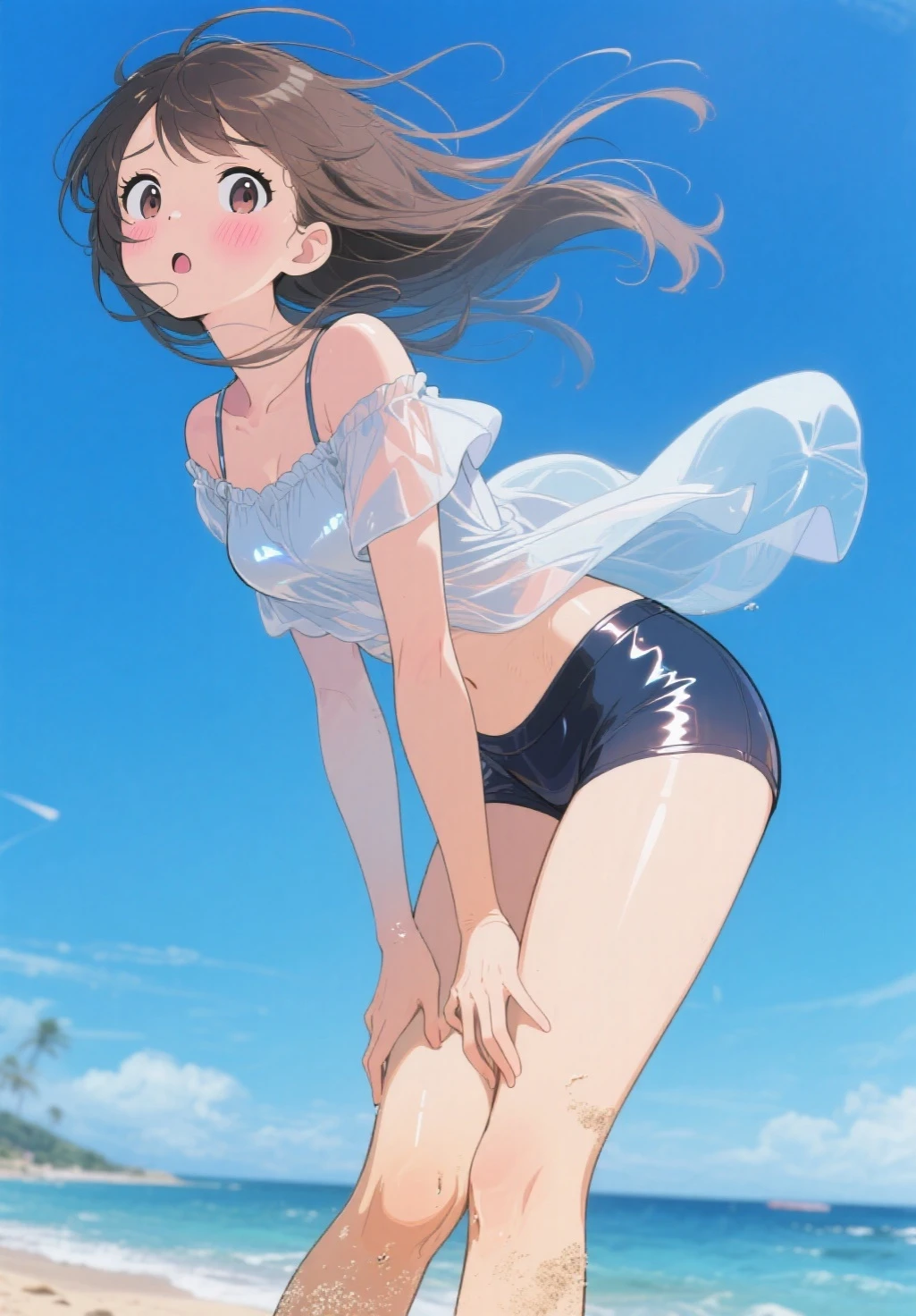 masterpiece, best quality, flat colors, 1girl, 19yo, (slim), (girl wearing a mini skirt), (From below:1.5), topless, nipple, blue sky, bright, watercolor
