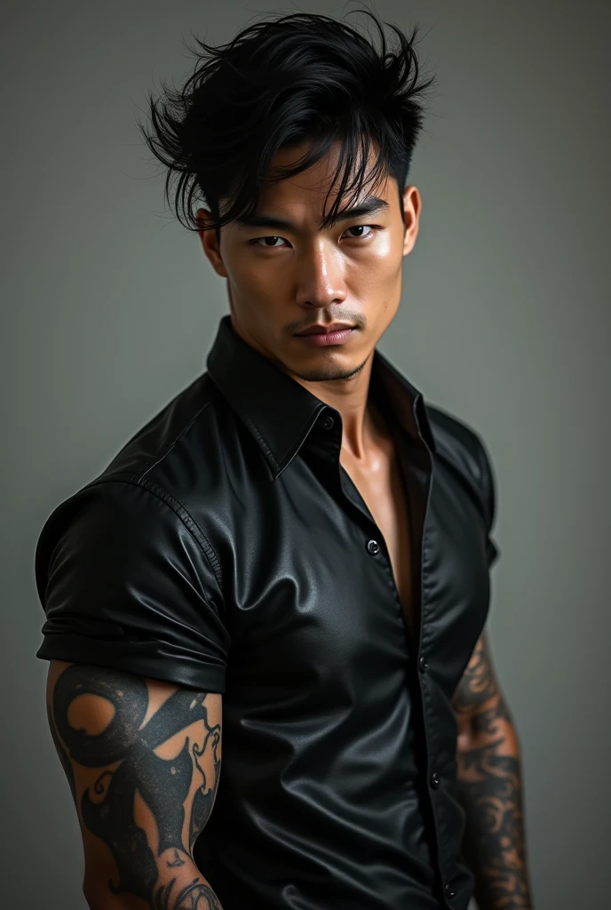 1 man, Japanese man, male, Asian eyes, muscular, broad shoulders, yakuza tattoos, hairstyle Visual Kei style, hair Visual Kei, black men's shirt and black pants, ultra detailed face, hyperrealistic, realistic representation, long hair, long hair, 30 years old, age 30 years, blond, blonde hair